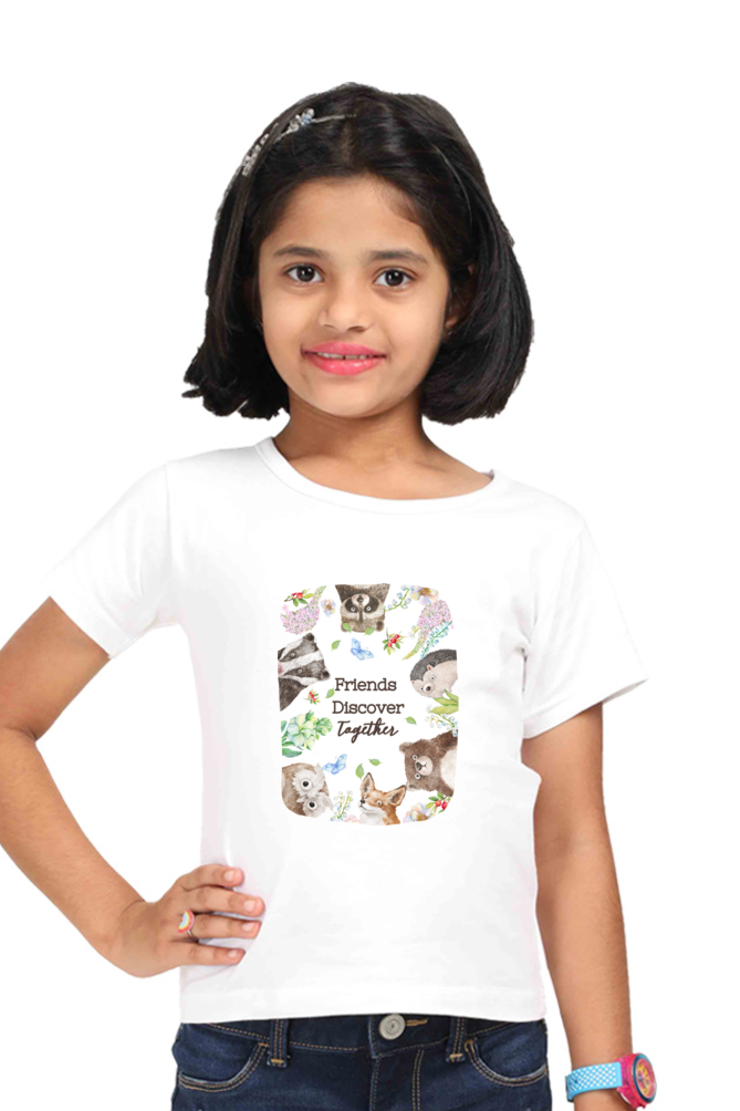 Friends Discover Together Girls T-Shirt - Light Edition | Cute Woodland Animal Print | Adventure and Nature Tee