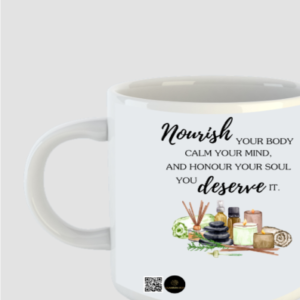 Nourish and Flourish White Ceramic Coffee Mug – Self-Care & Wellness Quote