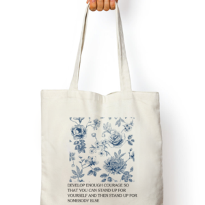 White Zipper Tote Bag – "Strength in Courage" Inspirational Floral Design