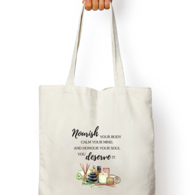 Nourish & Flourish White Tote Bag – Self-Care Quote Eco-Friendly Canvas Bag for Daily Motivation and Mindful Living
