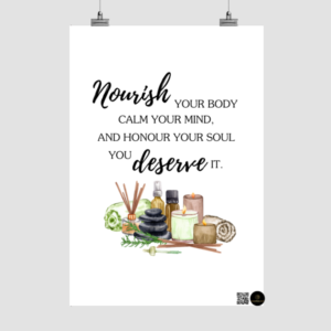 Nourish & Flourish A4 Inspirational Wall Poster – Spa Quote Art Print for Self-Care, Wellness Corners, Therapy Rooms, and Calm Spaces