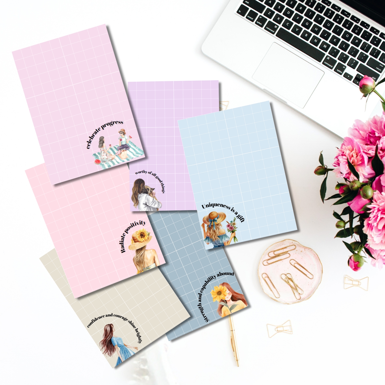 Inspirational Grid Notepad Set – 6 Aesthetic Printable Notepads for Positivity & Productivity
