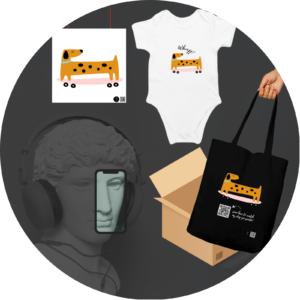 Quantum Bundle - Whuff! Baby Onesie, QR Coded Tote Bag & 10x10 Inch Poster | Adorable Skateboarding Dog Design | Baby Shower Gift | Digital Pet Lover Gift