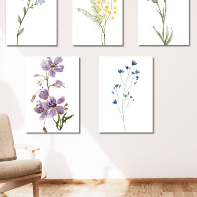 Set of 5 Botanical Wall Art Prints | Minimalist Floral Prints | Watercolor Wildflower Digital Download | Scandinavian Home Decor