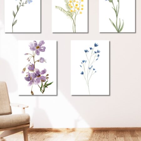 Set of 5 Botanical Wall Art Prints | Minimalist Floral Prints | Watercolor Wildflower Digital Download | Scandinavian Home Decor