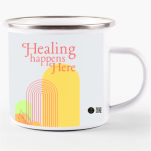 11oz White Enamel Mug – "Healing Happens Here" Minimalist Design