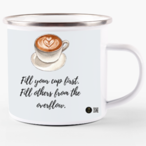 White Enamel Mug (11oz) – "Overflow with Self-Care" Motivational Design