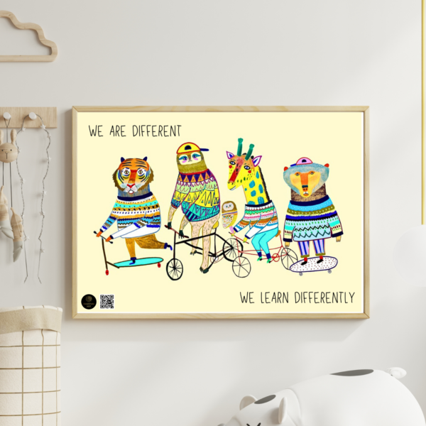 A3 "We Are Different, We Learn Differently" Poster | Whimsical Animal-Inspired Educational Wall Art