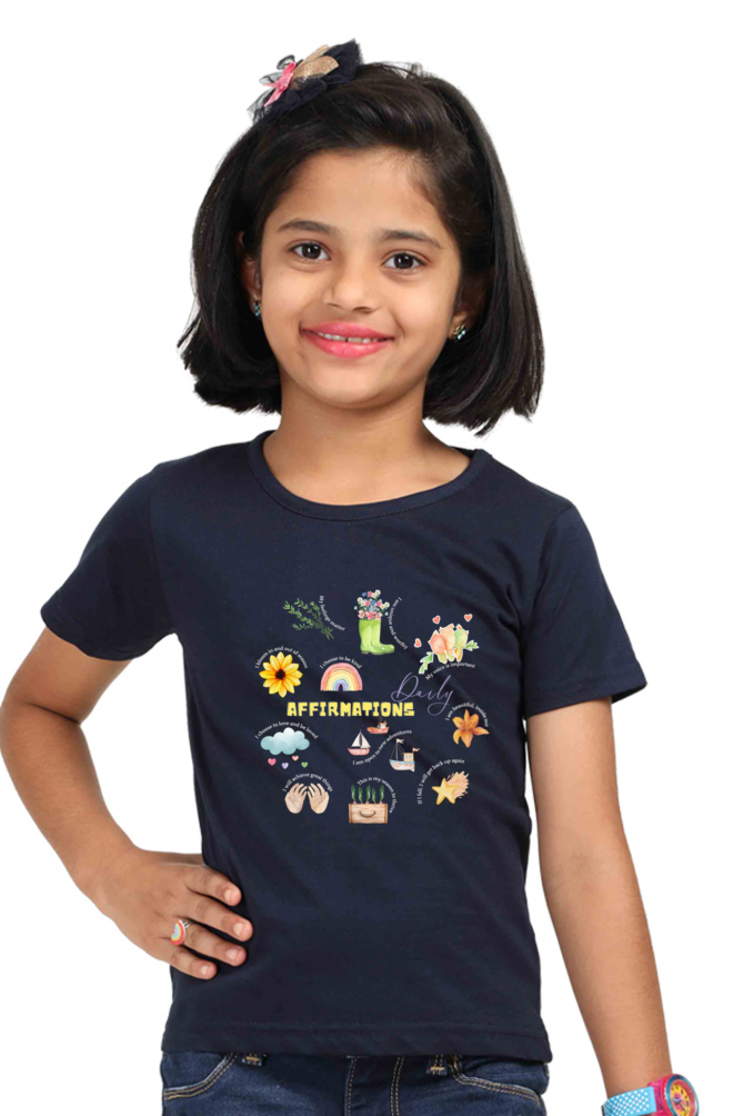 Daily Affirmations Girls’ T-Shirt – Positive Quotes & Mindfulness Tee | Soft Dark Cotton Shirt | Self-Love & Confidence for Kids