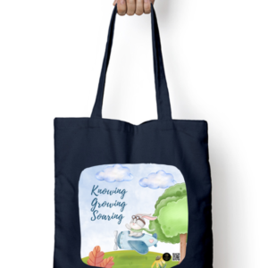 “Knowing, Growing, Soaring” Dark Tote Bag – Bunny in Plane Design – Reusable Cotton Canvas Bag for Teachers, Students, Kids & Learning Adventures