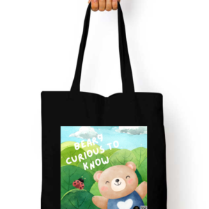 “Beary Curious to Know” Dark Tote Bag – Cute Bear & Ladybird Design – Reusable Cotton Canvas Bag for Kids, Students, Teachers & Learning Enthusiasts
