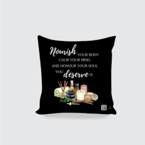 “Nourish & Flourish” 16x16 Inch Cushion Cover – Self-Care Quote Throw Pillow Case (Dark Theme)