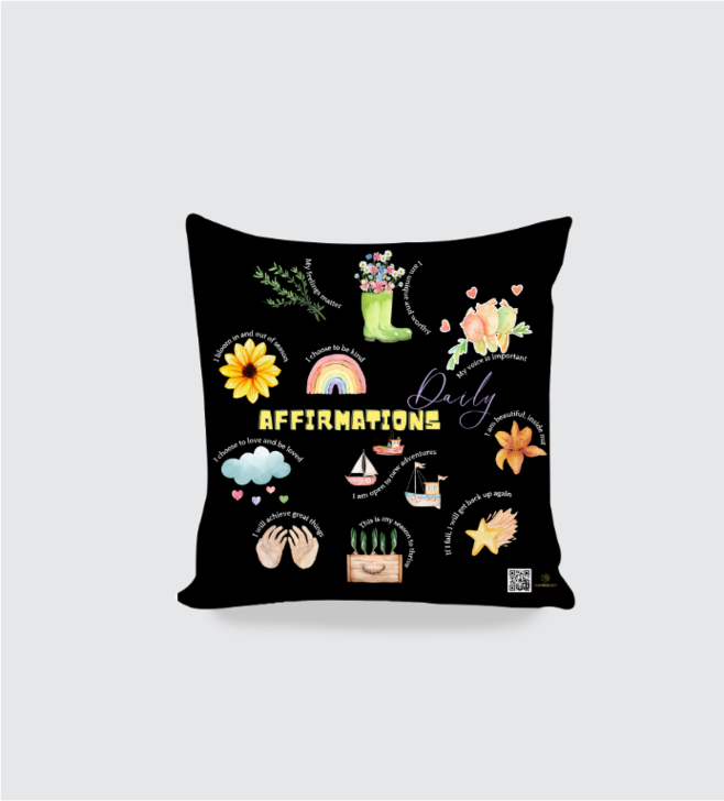 Daily Affirmations Cushion Cover 16x16 – Black Decorative Throw Pillow Case for Mindfulness & Positivity | Uplifting Quotes for Kids & Adults | Cotton Linen