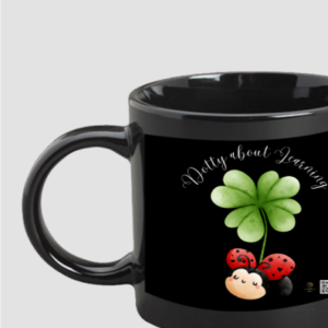 “Dotty About Learning” Black Ceramic Mug – Cute Ladybird & Clover Design – Motivational Coffee & Tea Mug for Teachers, Students & Lifelong Learners