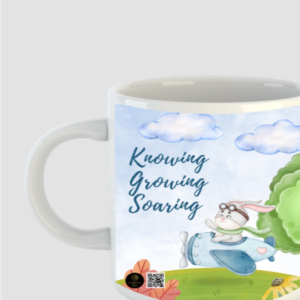 “Knowing, Growing, Soaring” Coffee Mug – Bunny in Plane Design – 325ml Ceramic Mug for Teachers, Students, Kids & Learning Enthusiasts