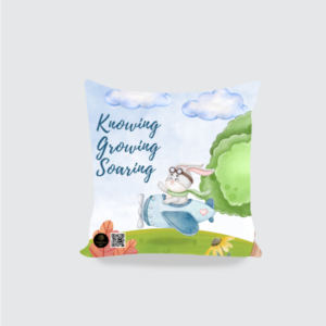 “Knowing, Growing, Soaring” Cushion Cover – Bunny in Airplane Design – 16x16 Cotton Canvas Throw Pillow for Kids’ Rooms, Classrooms & Reading Corners