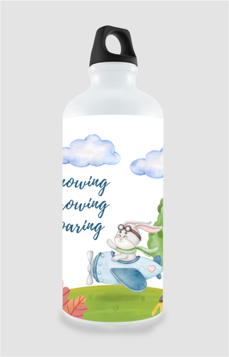 “Knowing, Growing, Soaring” Sipper Bottle – Cute Bunny in Plane Design – BPA-Free 600ml Water Bottle for Kids, Students, Teachers & Learning Adventures