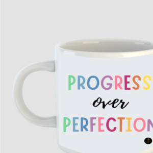 “Progress Over Perfection” Motivational Mug – Bold Typography Design – Black Ceramic Coffee Cup for Teachers, Students, Creatives & Daily Inspiration