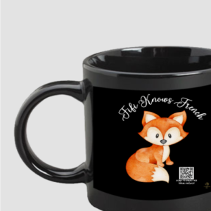 “Fifi Knows French” Black Coffee Mug – Cute Fox Design with Language Learning Theme – Ceramic Mug for Kids, Teachers, Language Lovers & French Class Gifts