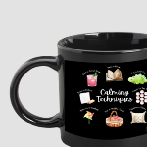 Calming Techniques Black Coffee Mug – Mindfulness & Breathing Reminders – 325ml Ceramic Self-Care Mug for Teachers, Therapists & Daily Calm