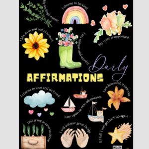 A3 Daily Affirmations Black Poster – Motivational Wall Art for Kids & Adults | Positive Quotes with Watercolour Illustrations