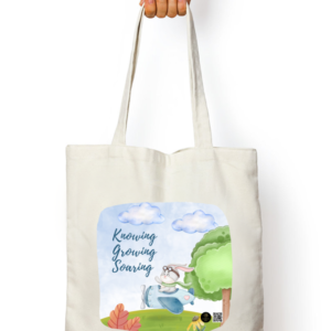 “Knowing, Growing, Soaring” Tote Bag – Bunny in Plane Design – Reusable Cotton Canvas Bag for Teachers, Students, Kids & Learning Adventures