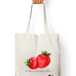 “Berry Proud” Tote Bag – Cute Strawberry Design with Positive Quote – Reusable Cotton Canvas Bag for Kids, Teachers, School, and Gift Giving