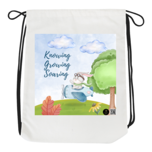 Knowing, Growing, Soaring Drawstring Bag – Motivational Bunny in Airplane Design – Lightweight Gym and School Bag for Students & Dreamers