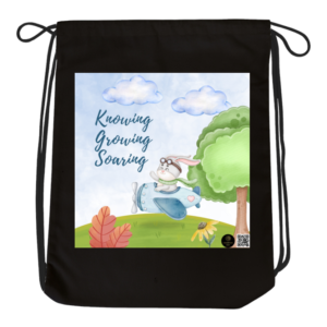 Knowing, Growing, Soaring Dark Drawstring Bag – Motivational Bunny in Airplane Design – Lightweight Gym and School Bag for Students & Dreamers