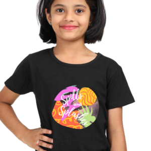 “Spills and Splashes” Girls’ T-Shirt – Colourful Abstract Design with Quote – Soft Cotton Tee for Creative Kids, Students & Everyday Expression
