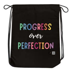 Progress Over Perfection Dark Drawstring Bag – Motivational Rainbow Quote Bag – Lightweight Gym Bag – School and Travel Sack – Inspirational Gift