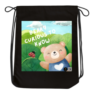 Berry Curious to Know Dark Drawstring Bag – Cute Bear and Ladybug Design – Lightweight School and Gym Bag for Kids, Students & Curious Learners