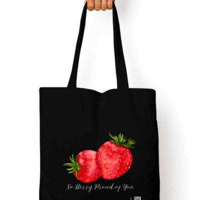 “Berry Proud” Tote Bag – Dark Color Cute Strawberry Design with Positive Quote – Reusable Cotton Canvas Bag for Kids, Teachers, School, and Gift Giving