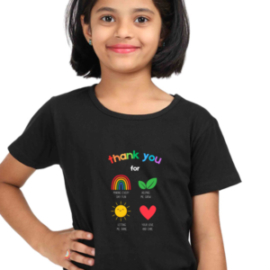 “Grateful Heart” Girls’ T-Shirt – Thank You Design with Rainbow, Sun, Leaf & Heart – Soft Cotton Tee for Students, Classroom Events & Everyday Positivity