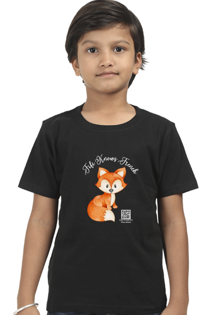 “Fifi Knows French” Boys’ T-Shirt – Cute Fox Design with Language Learning Quote – Soft Cotton Tee for Kids, French Students & Little Language Explorers