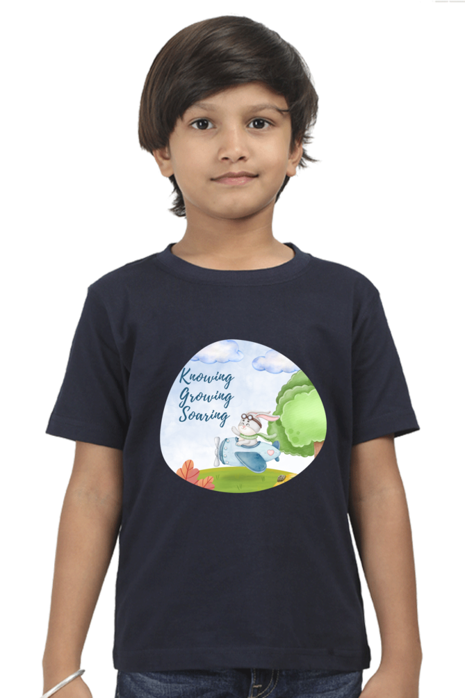 “Knowing, Growing, Soaring” Boys’ T-Shirt – Bunny in Plane Design – Soft Cotton Motivational Tee for Kids, Students, Preschoolers & School Events