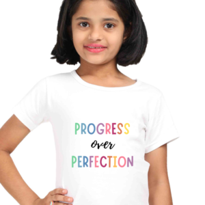 “Progress Over Perfection” Girls’ T-Shirt – Motivational Quote Design – Soft Cotton Growth Mindset Tee for School, Learning & Confident Everyday Wear