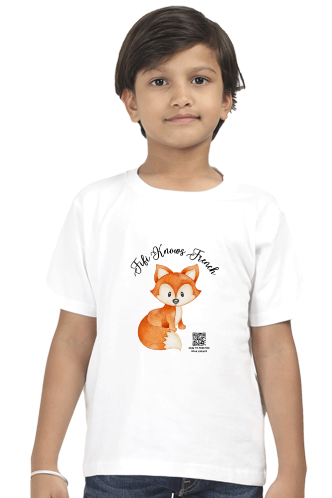 “Fifi Knows French” Boys’ T-Shirt – Cute Fox Design with Language Learning Quote – Soft Cotton Tee for Kids, French Students & Little Language Explorers
