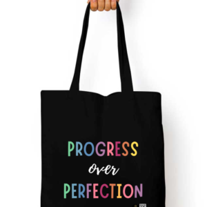“Progress Over Perfection” Dark Tote Bag – Bold Motivational Quote Design – Reusable Cotton Canvas Bag for Students, Teachers, Creatives & Everyday Inspiration
