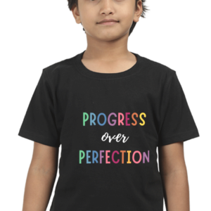 “Progress Over Perfection” Boys’ T-Shirt – Motivational Quote Design – Soft Cotton Growth Mindset Tee for School, Learning, and Everyday Confidence
