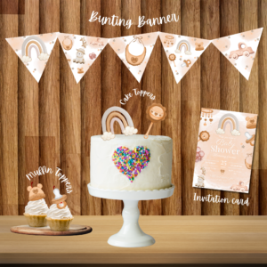 Boho Baby Shower Party Printable Pack – Digital Download | Cake & Muffin Toppers, Bunting Banner & Invitation Card