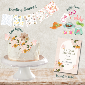 Botanical Garden Elegance – Printable Bridal Shower Décor Pack | Bunting Banner, Cake Toppers, Party Props, Invitation Card