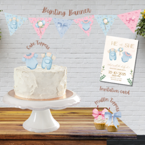 He or She? Gender Reveal Essentials Pack – Printable Baby Shower Décor Set (Bunting, Cake Toppers, Cupcake Picks & Invitation)