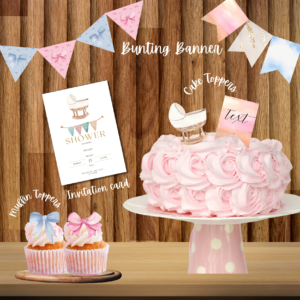 Minimal Baby Shower Decor Set – Digital Download | Cake Toppers, Muffin Toppers, Bunting Banner & Invitation Card