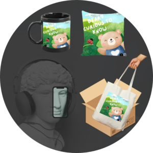 Quantum Bundle – “Beary Curious to Know” Collection – Black Coffee Mug, 16x16 Cushion Cover & Canvas Tote Bag – Cute Bear Adventure Gift Set for Kids, Students & Everyday Wonder