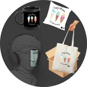 Quantum Bundle – “Tasty Shapes” Collection – Black Coffee Mug, 16x16 Cushion Cover & Tote Bag – Fun Ice Cream Summer Set for Students, Teachers & Gift Giving