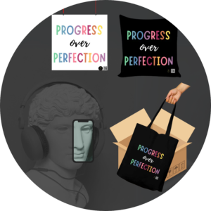 Quantum Bundle – “Progress Over Perfection” Inspirational Poster, 16x16 Cushion Cover & Tote Bag – Motivational Gift Set for Students and Dreamers