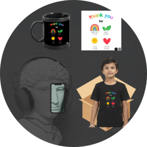 Quantum Bundle – “Grateful Heart” Collection – Black Coffee Mug, Fridge Magnet & Boys’ T-shirt – Colourful Thank You Gift Set for Kids, Students & Teachers