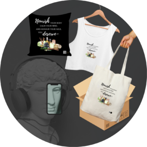 Quantum Bundle – Self-Care Gift Set with Cushion Cover, Crop Tank, and Tote Bag | “Nourish & Flourish” Quote Collection