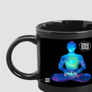 Spiritual Meditation Mug – Shanti Coffee Cup with QR Code | Cosmic Energy Design, Black Ceramic Mindfulness Gift for Yoga, Therapy, Healing